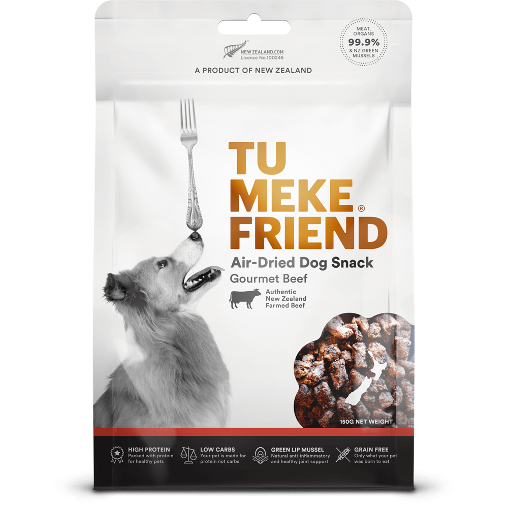 Your Whole Dog presents Tu Meke Friend: Beef Snacks, an air dried dog snack.