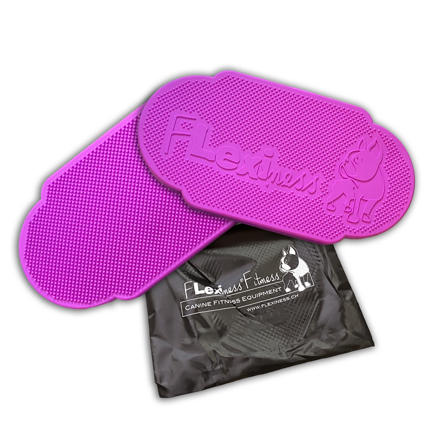 The Flexiness TwinDisc (purple) by Your Whole Dog is ideal for balance training, featuring two textured discs perfect for canine workouts. It includes a black carrying bag with the Flexiness Fitness logo, making it great for portable muscle building sessions.