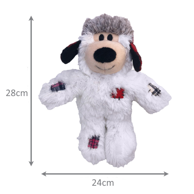 A white CLEARANCE: KONG Holiday Wild Knots Bears Dog Toy with a black and red patchwork design, perfect for Christmas bears, made by Your Whole Dog.