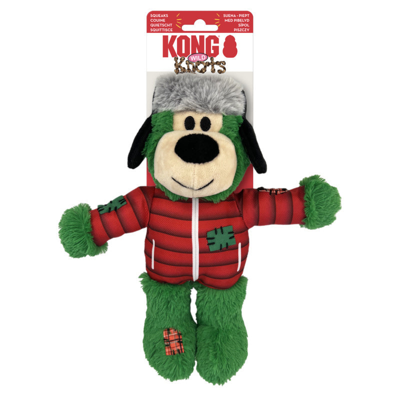 A CLEARANCE: KONG Holiday Wild Knots Bears Dog Toy in a red jacket with an internal knotted rope skeleton from Your Whole Dog.