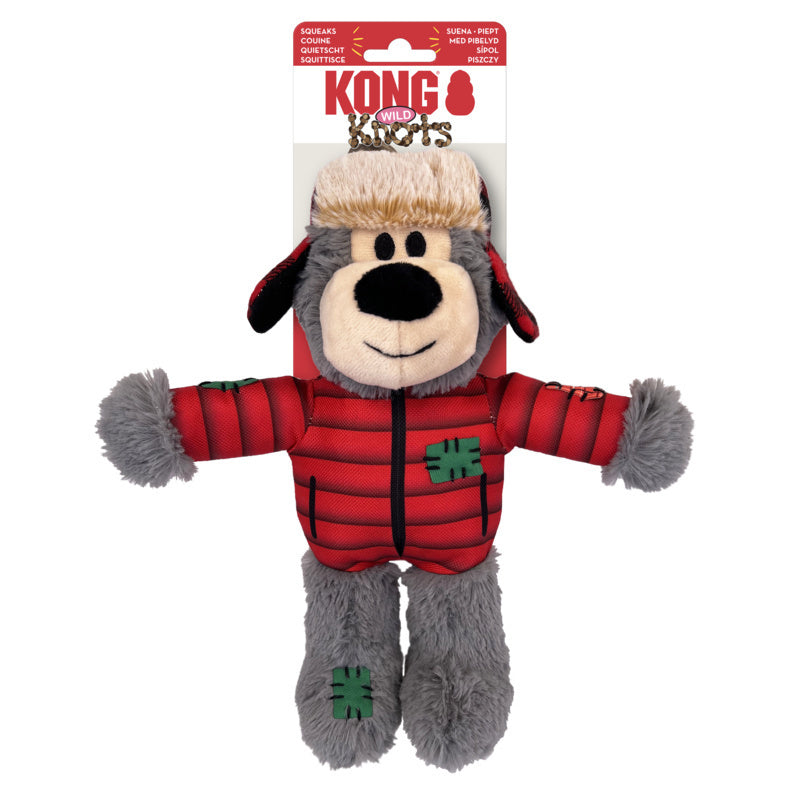 A CLEARANCE: KONG Holiday Wild Knots Bears Dog Toy with an internal knotted rope skeleton, dressed in a red jacket, made by Your Whole Dog.