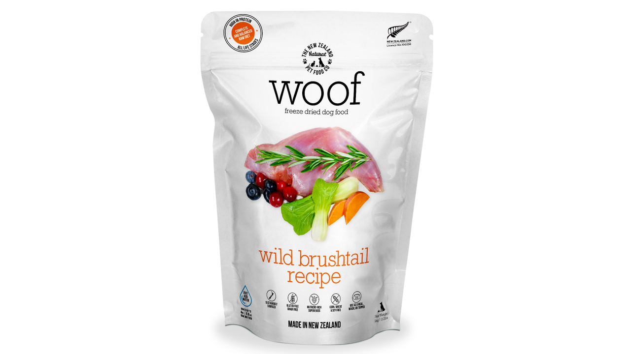 A healthy bag of Woof: Freeze Dried Wild Brushtail Dog Food from Your Whole Dog with delicious vegetables and meat.