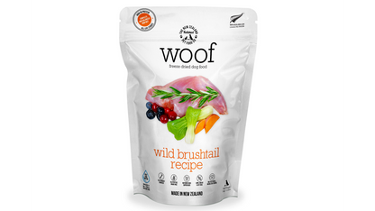 A healthy bag of Woof: Freeze Dried Wild Brushtail Dog Food from Your Whole Dog with delicious vegetables and meat.