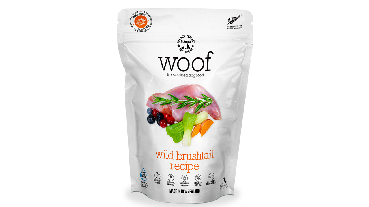 A bag of Woof: Freeze Dried Wild Brushtail Dog Food by Your Whole Dog with delicious vegetables and meat.