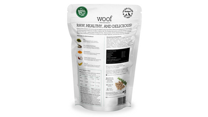 A bag of Woof: Freeze Dried Wild Goat Dog Food from Your Whole Dog on a white background.