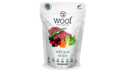 A bag of Woof: Freeze Dried Wild Goat Dog Food from Your Whole Dog with raw vegetables and meat sourced from New Zealand.