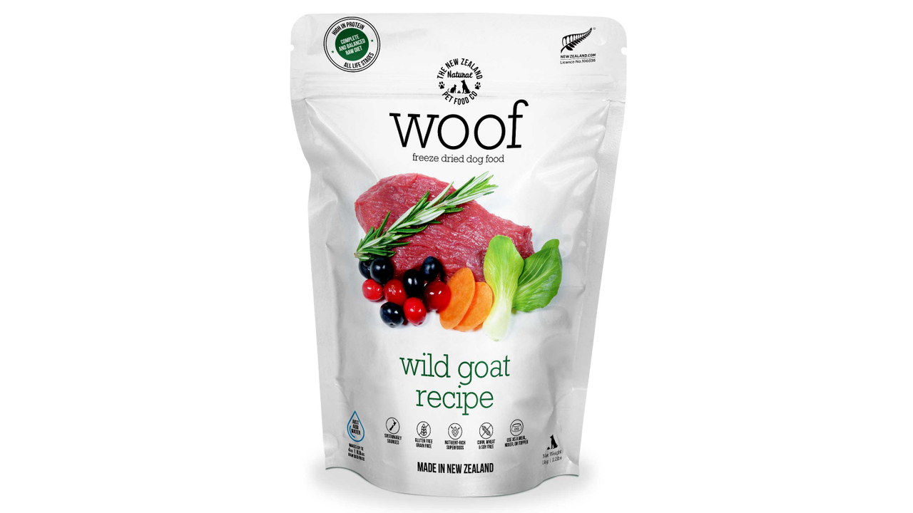 A bag of Your Whole Dog Woof: Wild Goat Freeze Dried Food.