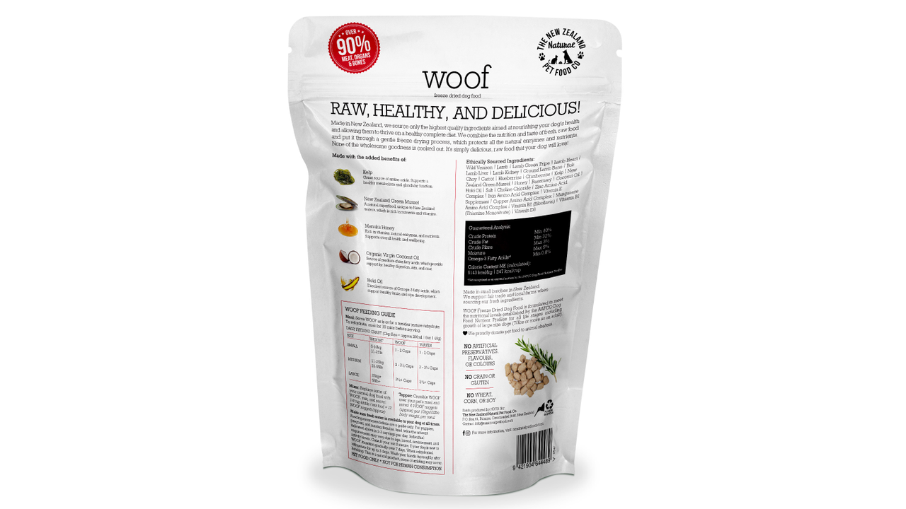 A bag of Your Whole Dog Wild Venison Freeze Dried Food made with New Zealand ingredients.