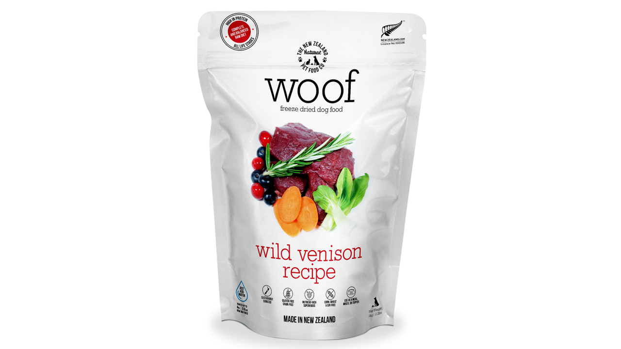 A bag of Your Whole Dog: Woof: Wild Venison Freeze Dried Food.