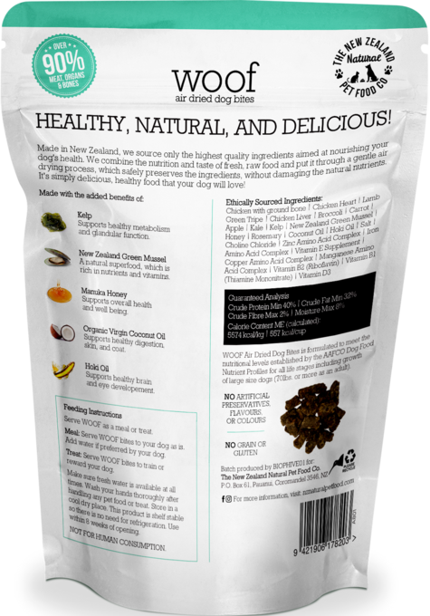 The back of a WOOF Air Dried Chicken Dog Food package from WOOF - The NZ Natural Petfood Co shows ingredients, feeding guidelines, nutrition details, and product benefits with images—premium New Zealand dog food your dog will love.