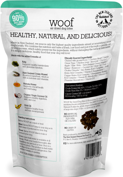 The back of a WOOF Air Dried Chicken Dog Food package from WOOF - The NZ Natural Petfood Co shows ingredients, feeding guidelines, nutrition details, and product benefits with images—premium New Zealand dog food your dog will love.