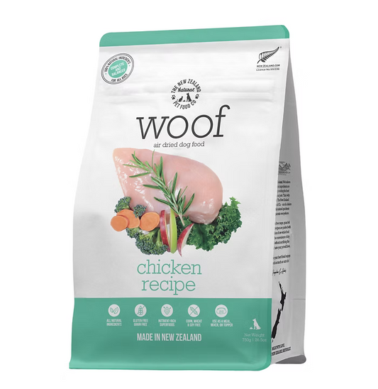 A bag of WOOF Air Dried Chicken Dog Food by WOOF - The NZ Natural Petfood Co features chicken breast, vegetables, and herbs on the front, highlighting this premium air-dried dog food is made in New Zealand.