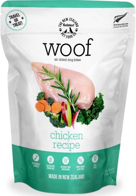 A pouch of WOOF Air Dried Chicken Dog Food by WOOF - The NZ Natural Petfood Co, with chicken, vegetables, and benefit icons on a white and teal pack—premium air-dried dog food made in New Zealand.