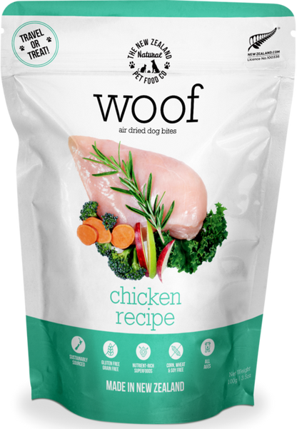 A pouch of WOOF Air Dried Chicken Dog Food by WOOF - The NZ Natural Petfood Co, with chicken, vegetables, and benefit icons on a white and teal pack—premium air-dried dog food made in New Zealand.