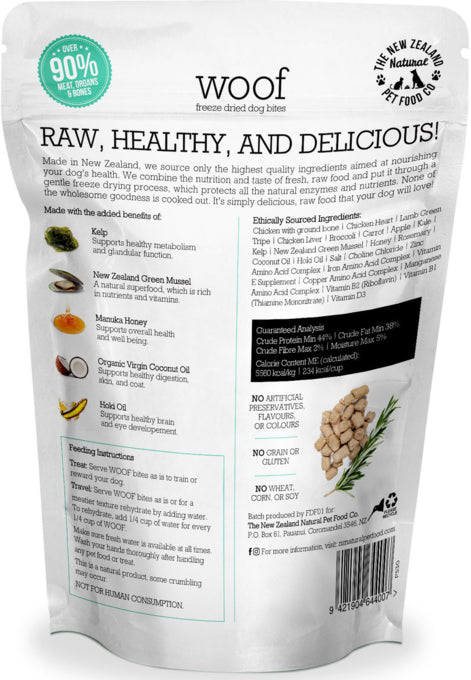 Back of a WOOF Freeze Dried Chicken Dog Food package from WOOF - The NZ Natural Petfood Co, showing natural ingredients, feeding guidelines, nutritional info, and an image of the freeze-dried chicken dog food.