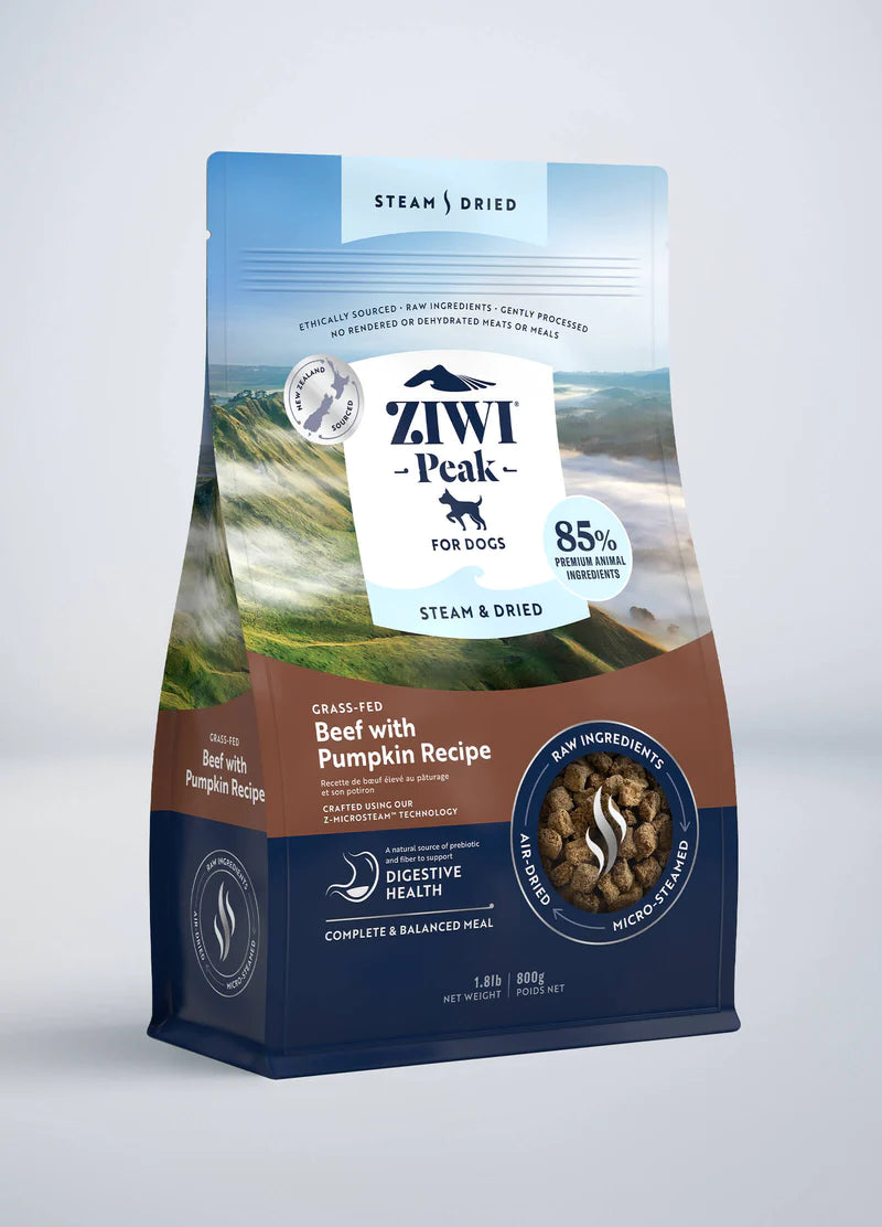 The package of "ZIWI Peak Steam & Dried Beef with Pumpkin Recipe for Dogs" from Ziwi Peak features a mountain scene, highlighting its 85% fish protein content in an 800g pack, and promotes air-dried raw nutrition to support optimum digestive health.