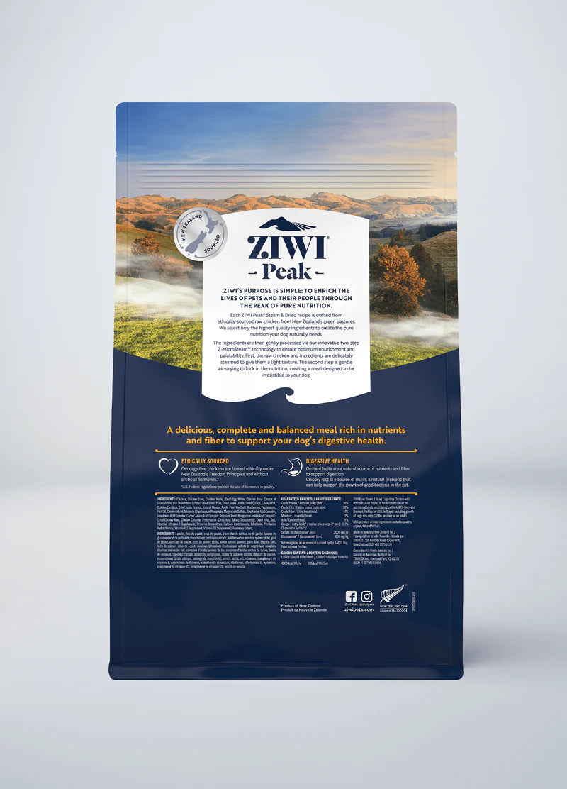 The ZIWI Peak Steam & Dried Chicken with Orchard Fruits Recipe for Dogs bag displays a top scenic landscape, featuring the Ziwi Peak brand and details. Icons highlight its nutrient-rich content, digestive health benefits, and ethically-sourced raw chicken for a wholesome diet.