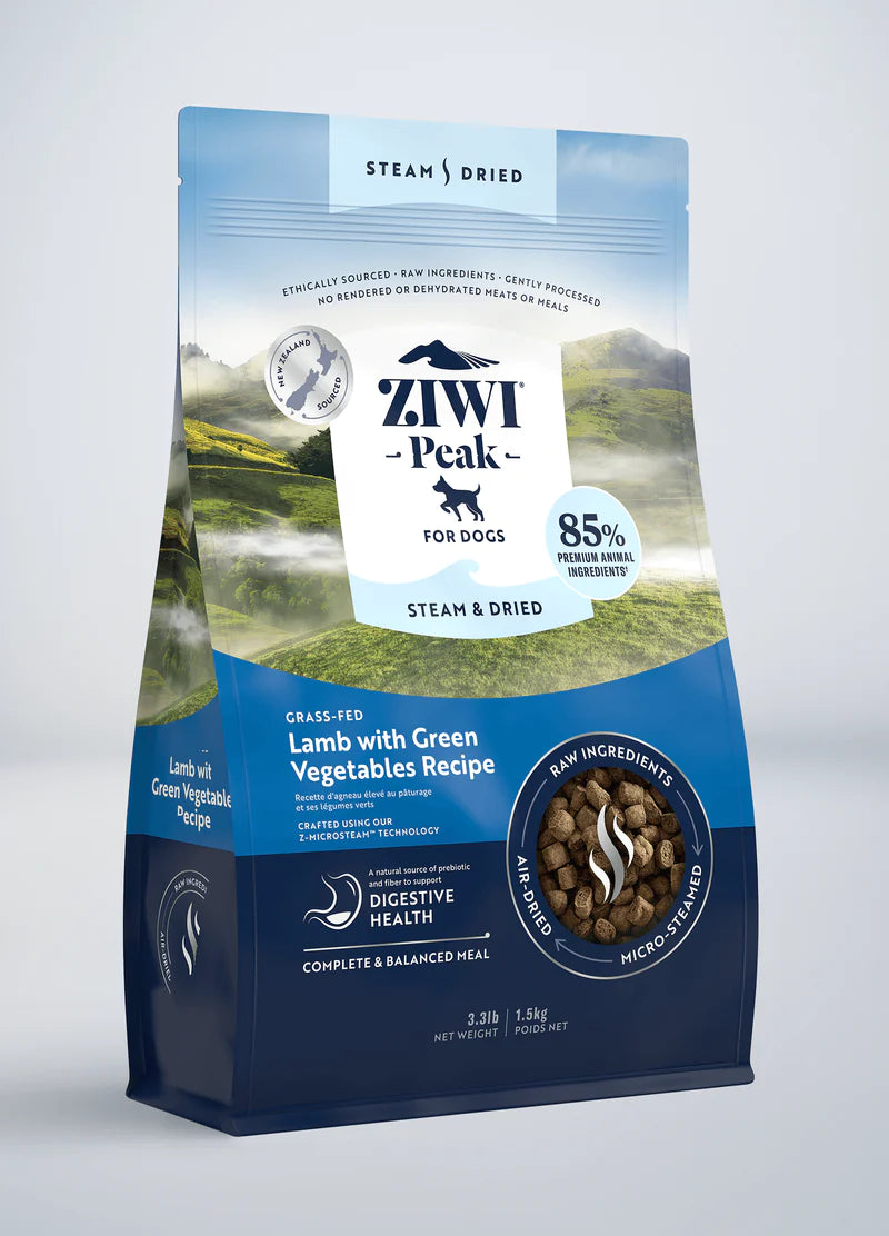 A bag of Your Whole Dog ZIWI Peak: Steam & Dried Lamb with Green Vegetables Recipe dog food, highlighting its 85% meat content and nutritional information.