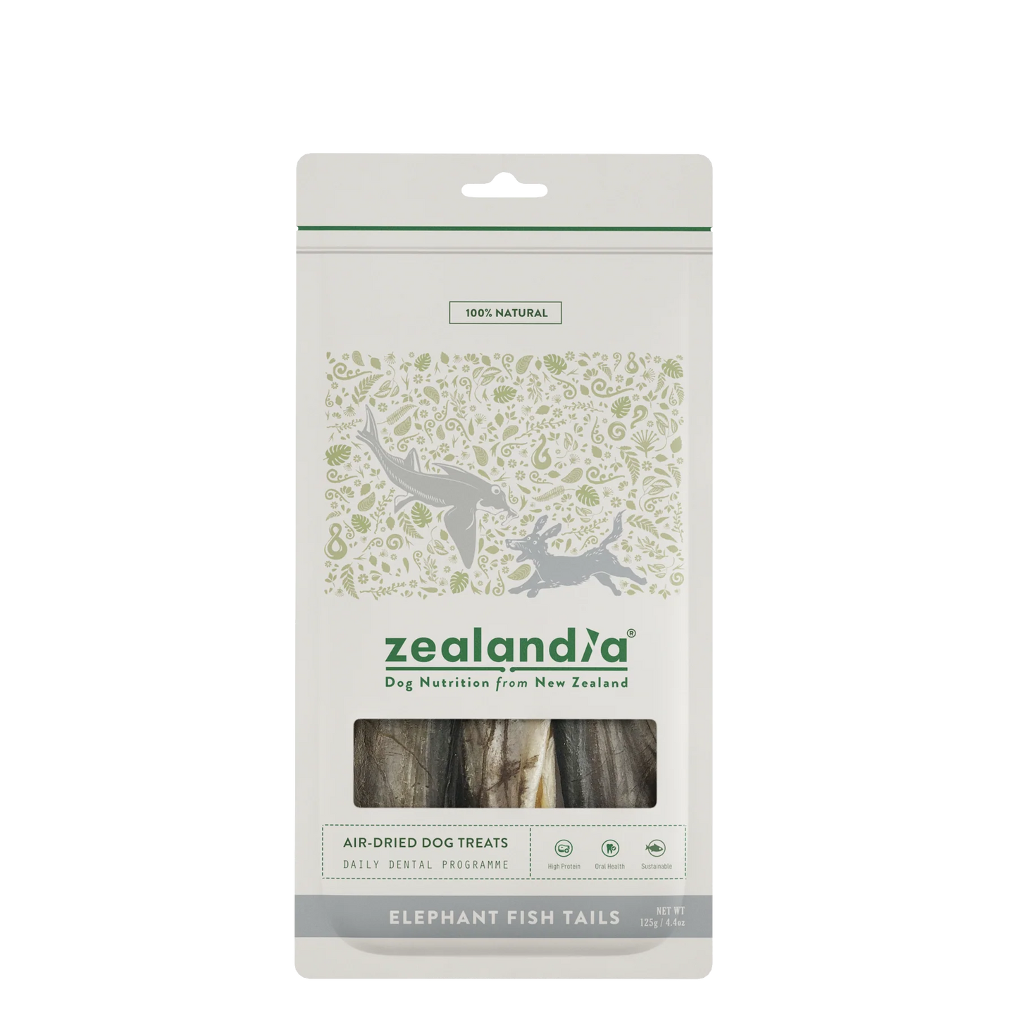 A white pack of Your Whole Dog Zealandia Elephant Fish Tail Chews features fish images and a clear window with visible treats—these novel protein dog chews naturally support your pup’s dental health.