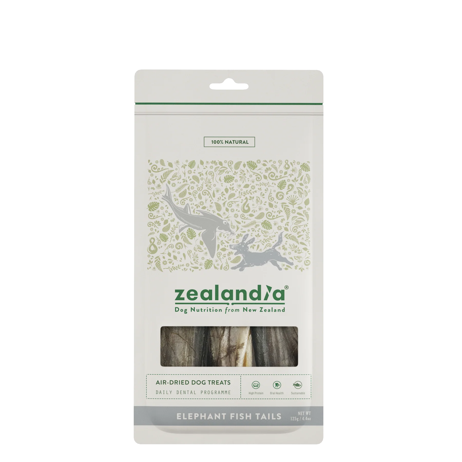 A white pack of Your Whole Dog Zealandia Elephant Fish Tail Chews features fish images and a clear window with visible treats—these novel protein dog chews naturally support your pup’s dental health.