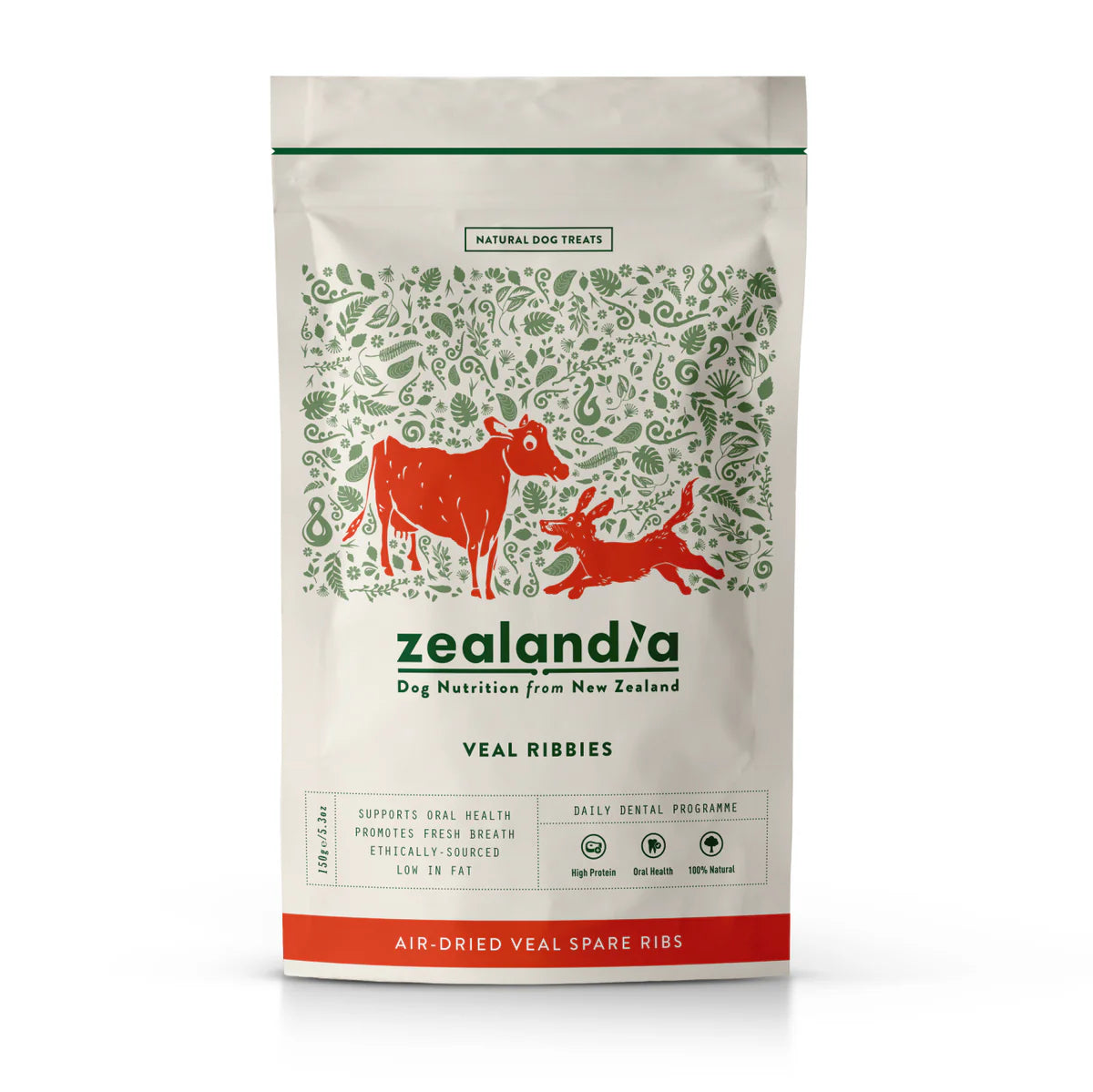 Front view of a Your Whole Dog Zealandia Veal Ribbies Air-Dried Dog Chews package, with illustrations of a cow and dog, product info, and icons showing key benefits of these air-dried veal chews.