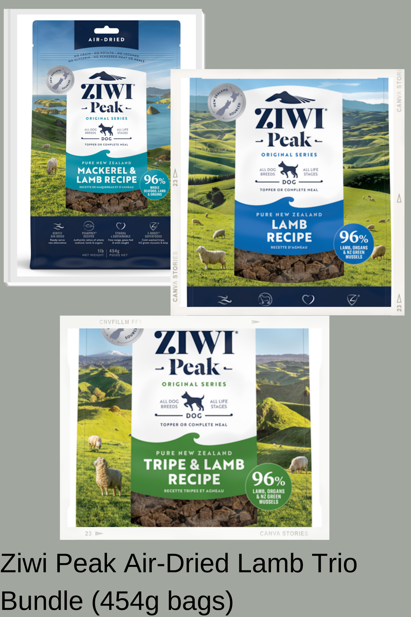 Discover the 454g Ziwi Peak Air-Dried Mixed Lamb Trio Bundle by Your Whole Dog, which includes three 454g bags of Mackerel and Lamb, Lamb Recipe, and Tripe and Lamb Recipe.