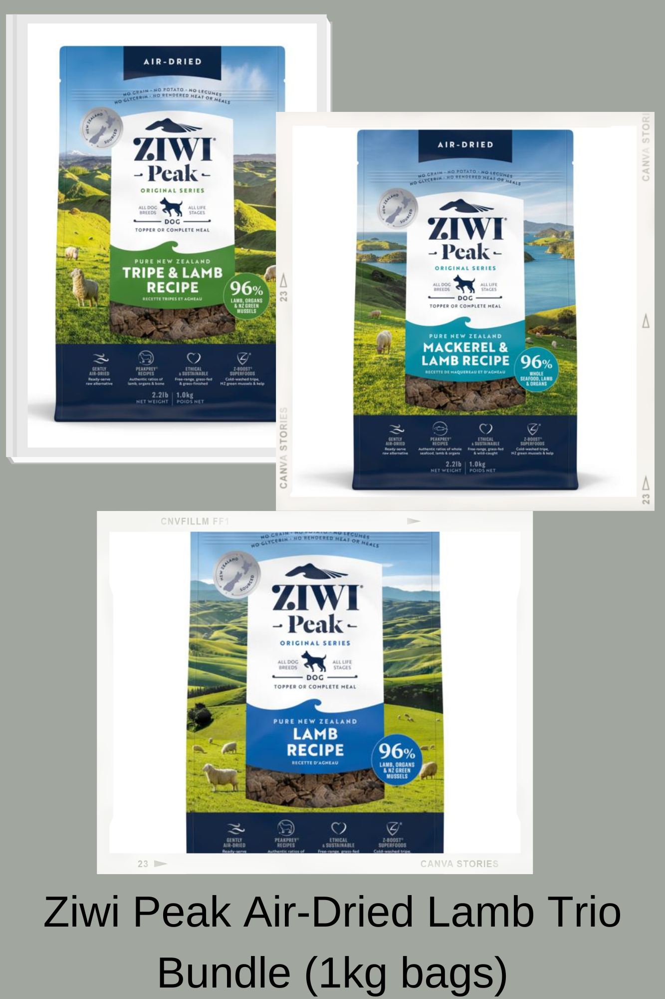 The 1kg Ziwi Peak Air-Dried Mixed Lamb Trio Bundle from Your Whole Dog includes three 1kg bags featuring the Mackerel and Lamb, Tripe and Lamb, and pure Lamb recipes. Each package is decorated with picturesque countryside imagery to highlight the natural quality inside.