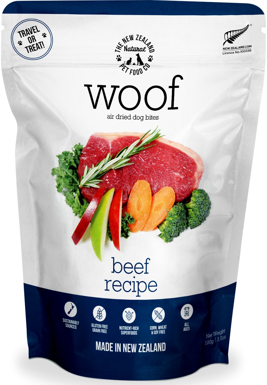 A package of Your Whole Dog woof new zealand natural healthy pet food, air-dried beef recipe dog bites.