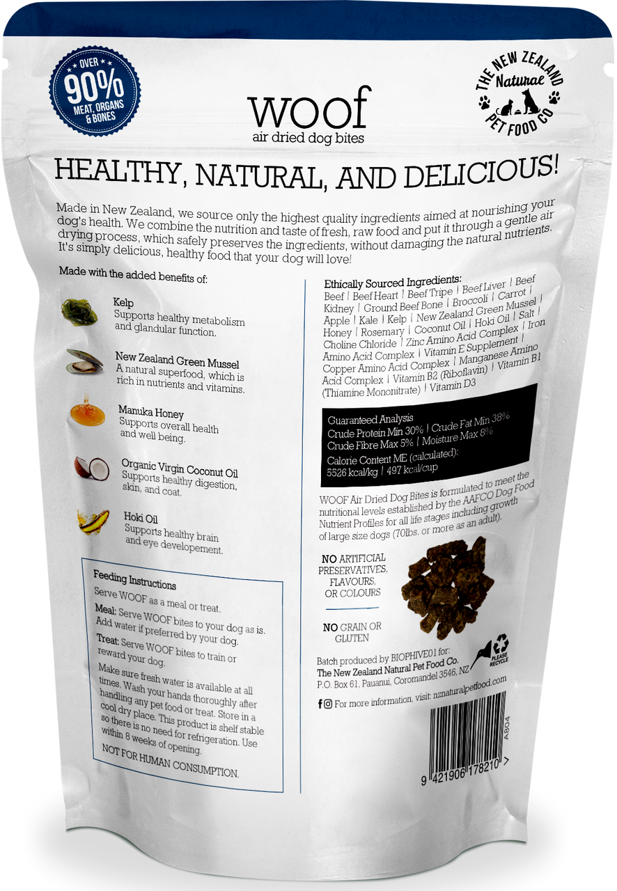 Back of a Woof: Air Dried Beef Dog Food package highlighting natural ingredients and healthy nutritional benefits from Your Whole Dog.