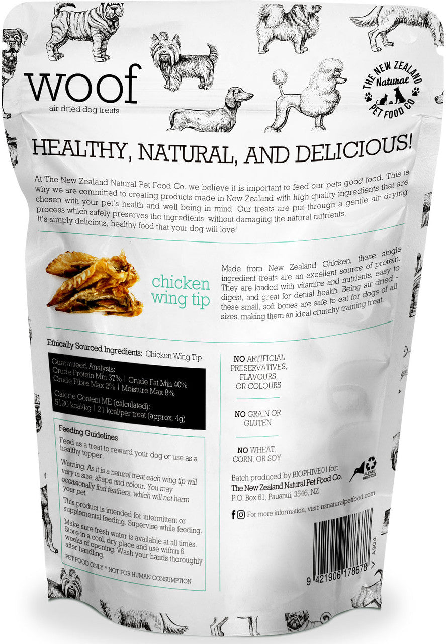 Back view of a Your Whole Dog Chicken Wing Tip Treats (50g) natural dog food bag, highlighting ingredient information and dietary benefits, made with ethically sourced chicken.