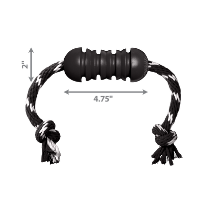 A black rubber dog toy with a black handle, designed for teeth cleaning - SALE: Your Whole Dog's KONG Dental Extreme with Rope.