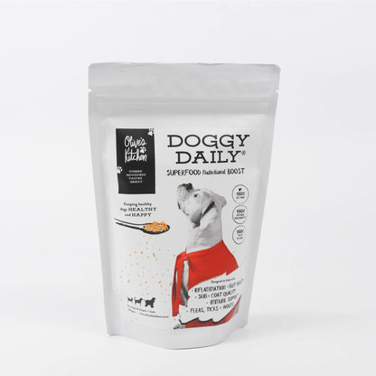A bag of Doggy Daily Nutritional Boost dog food on a white background, enriched with natural ingredients for optimal gut health from Your Whole Dog.