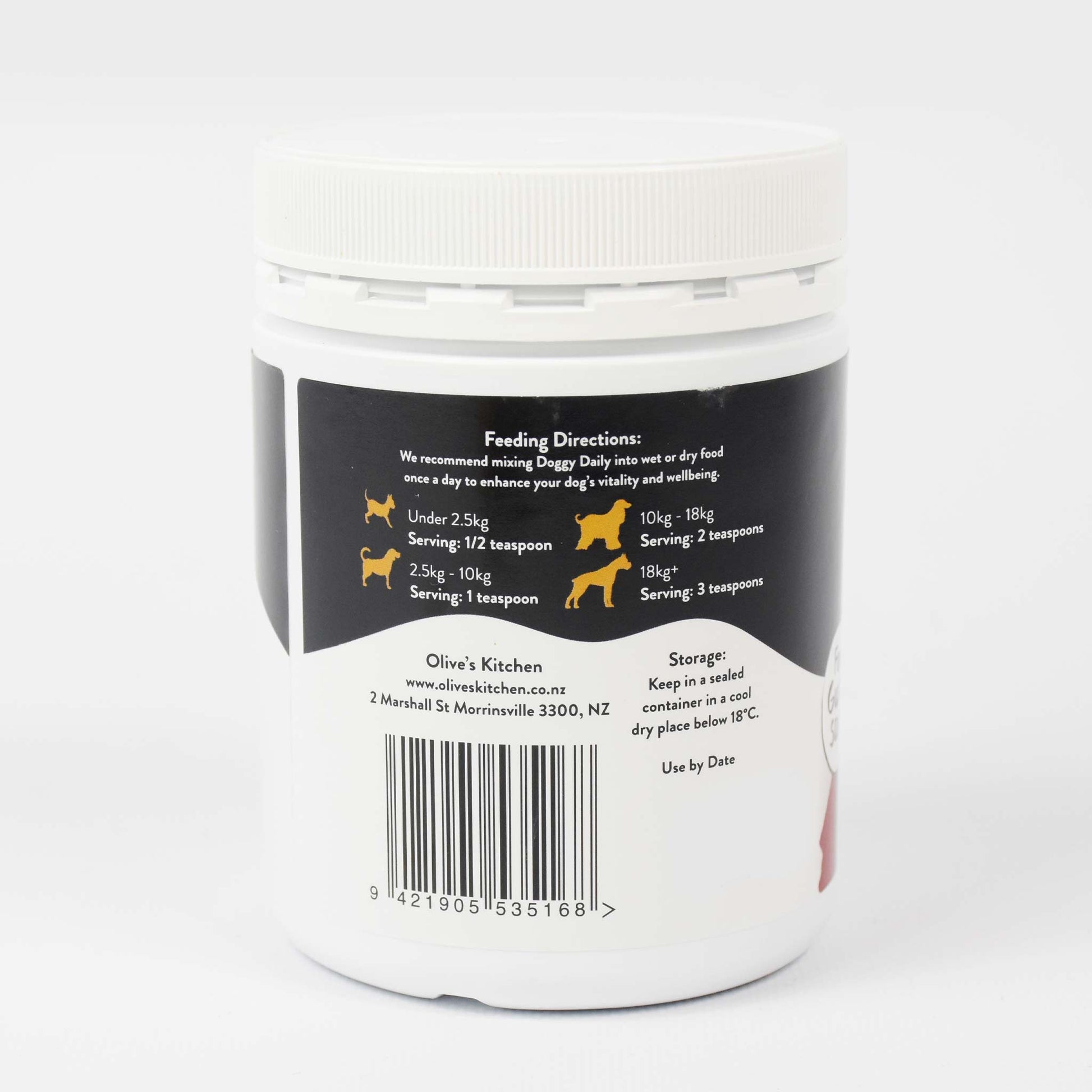 A jar of Your Whole Dog's Doggy Daily Nutritional Boost dog food with a label on it, made with natural ingredients for optimal gut health.