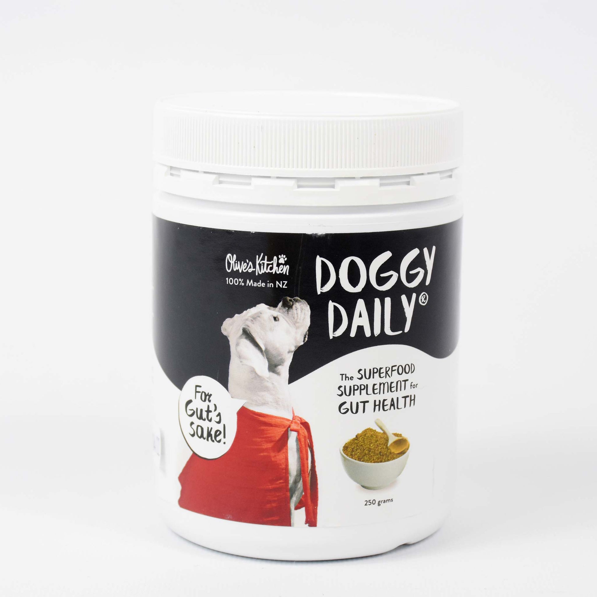 A jar of Doggy Daily Nutritional Boost, with natural ingredients for improved gut health, on a white background. Brand Name: Your Whole Dog.