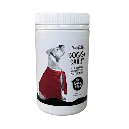 A jar of Doggy Daily Nutritional Boost, a gut health supplement for dogs by Your Whole Dog, on a white background.