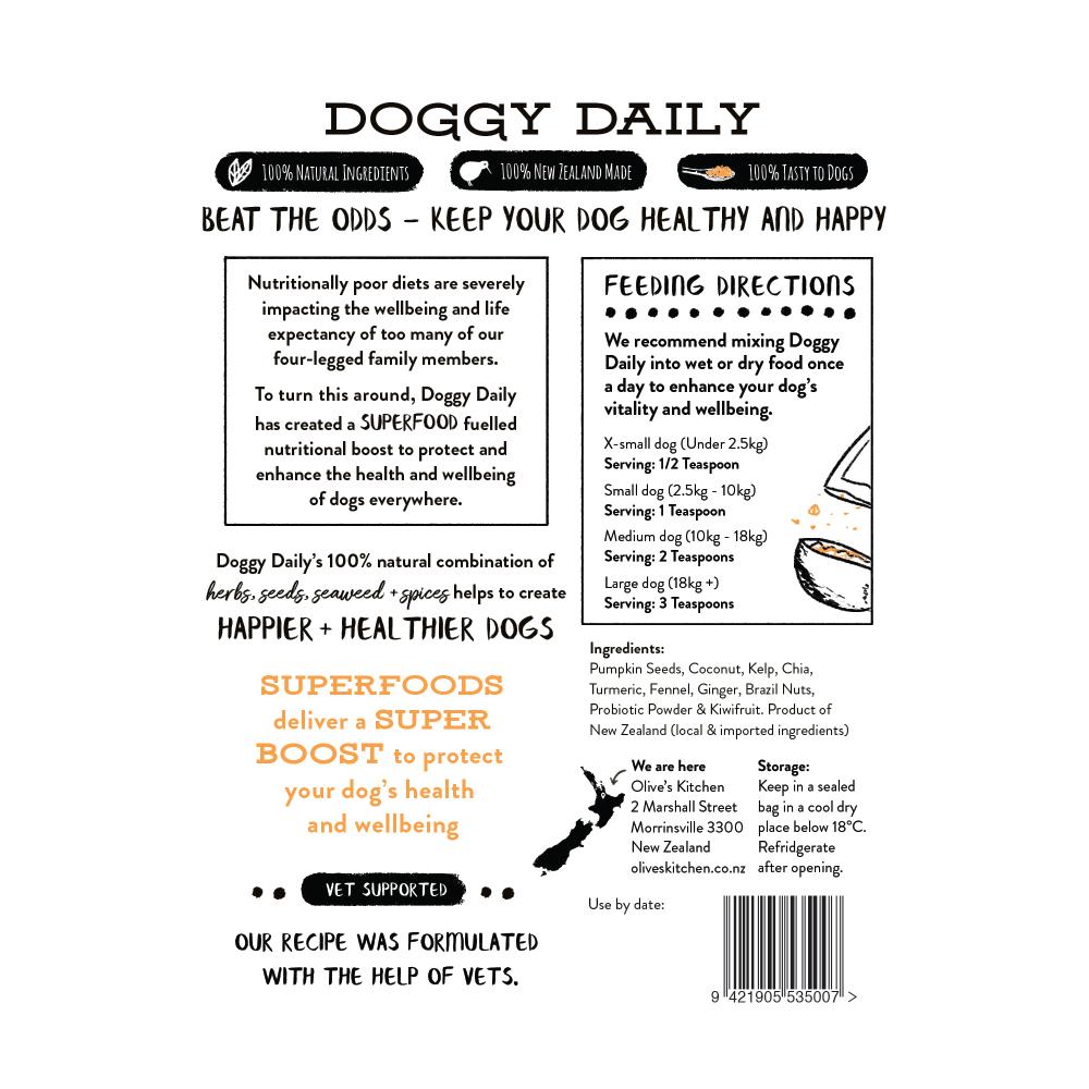 Your Whole Dog's Doggy Daily Nutritional Boost - back cover featuring natural ingredients and promoting gut health.
