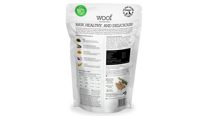 A healthy and delicious bag of Your Whole Dog's Woof: Freeze Dried Duck Dog Food.