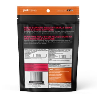 Back view of a GO! SOLUTIONS Benefit Chews SKIN + COAT Lamb (170g) by Go! Solutions shows nutritional info, ingredients, feeding guidelines, and branding in English and French—omega fatty acids dog treats for healthy skin and coat.