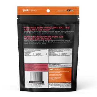 Back of a GO! SOLUTIONS Benefit Chews Sensitivities Salmon (170g) package from Go! Solutions, showing nutritional info, feeding guidelines, ingredients, and branding in English and French.