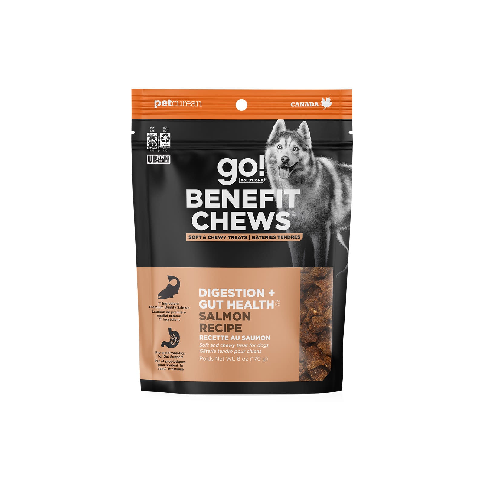 A 170g package of GO! SOLUTIONS Benefit Chews Digestion + Gut Health Salmon by Go! Solutions, featuring a dog image on the front, supports canine digestion and gut health with soft, chewy probiotic treats.