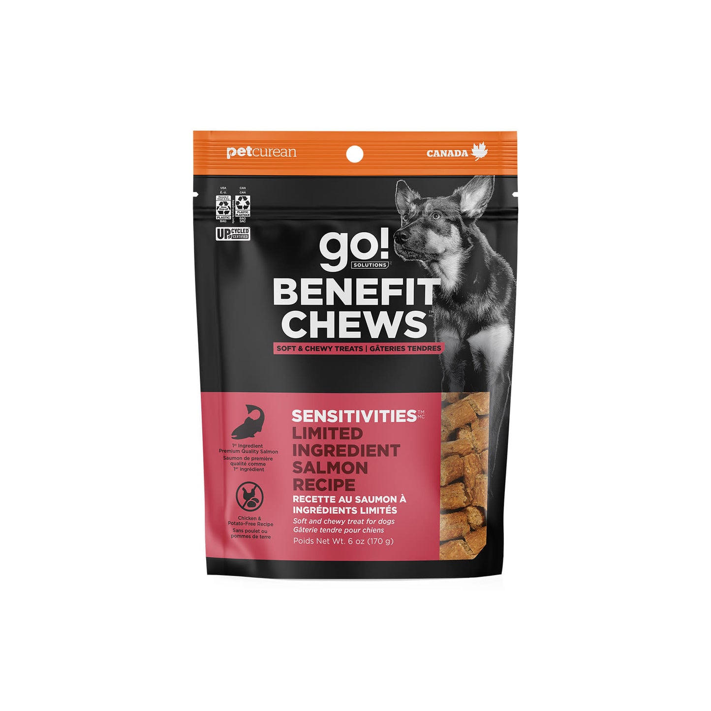 A 170g bag of GO! SOLUTIONS Benefit Chews Sensitivities Salmon dog treats by Go! Solutions, featuring a German Shepherd and “Sensitivities” on the front—ideal hypoallergenic treats for dogs with sensitivities.