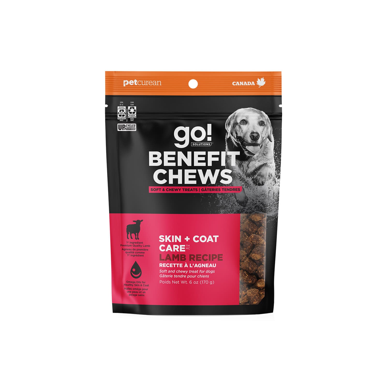 A 170g bag of GO! SOLUTIONS Benefit Chews SKIN + COAT Lamb dog treats by Go! Solutions, with skin and coat care formula, features branded packaging with a dog image.