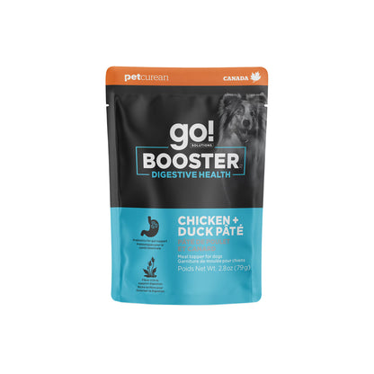 GO! SOLUTIONS Booster Digestive Health Chicken + Duck Pate (79g) by Your Whole Dog, in black and blue pouch, offers great taste plus glucosamine chondroitin for dog joint support.