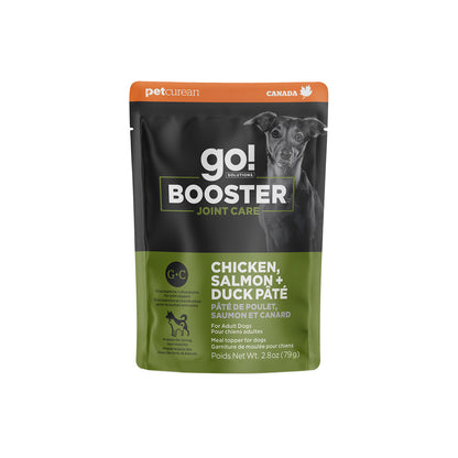 A 2.8 oz (79g) pouch of Your Whole Dog GO! SOLUTIONS Booster Joint Care Chicken, Salmon + Duck Pate for adult dogs, with glucosamine and chondroitin, featuring a black dog on the package.