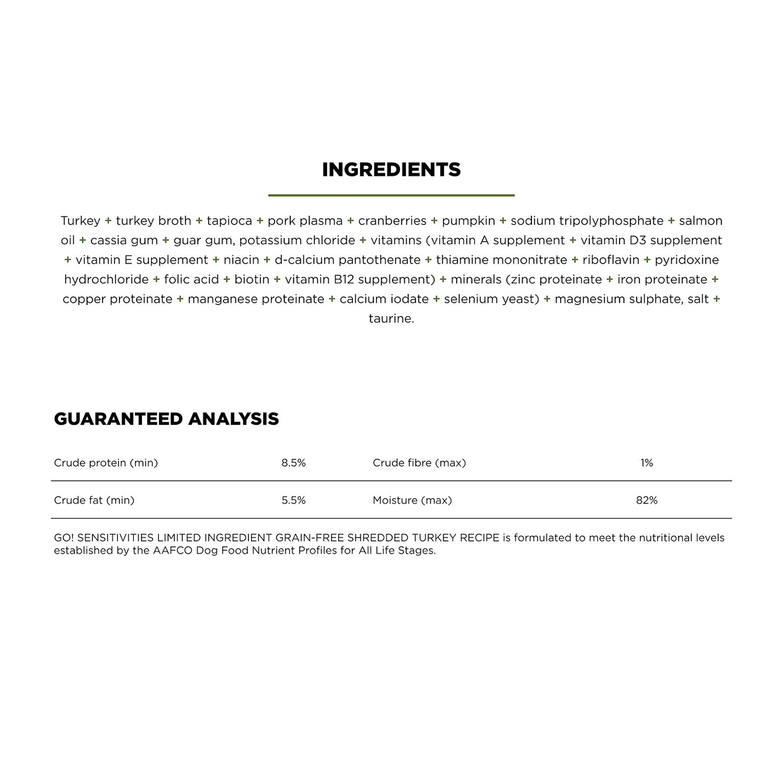 Your Whole Dog GO! SOLUTIONS SENSITIVITIES Shredded Turkey (354g) is a grain and gluten free canned dog food with a limited ingredient turkey recipe, showing full protein, fat, fiber, moisture percentages and complete supplement details.