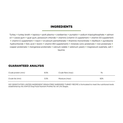 Your Whole Dog GO! SOLUTIONS SENSITIVITIES Shredded Turkey (354g) is a grain and gluten free canned dog food with a limited ingredient turkey recipe, showing full protein, fat, fiber, moisture percentages and complete supplement details.