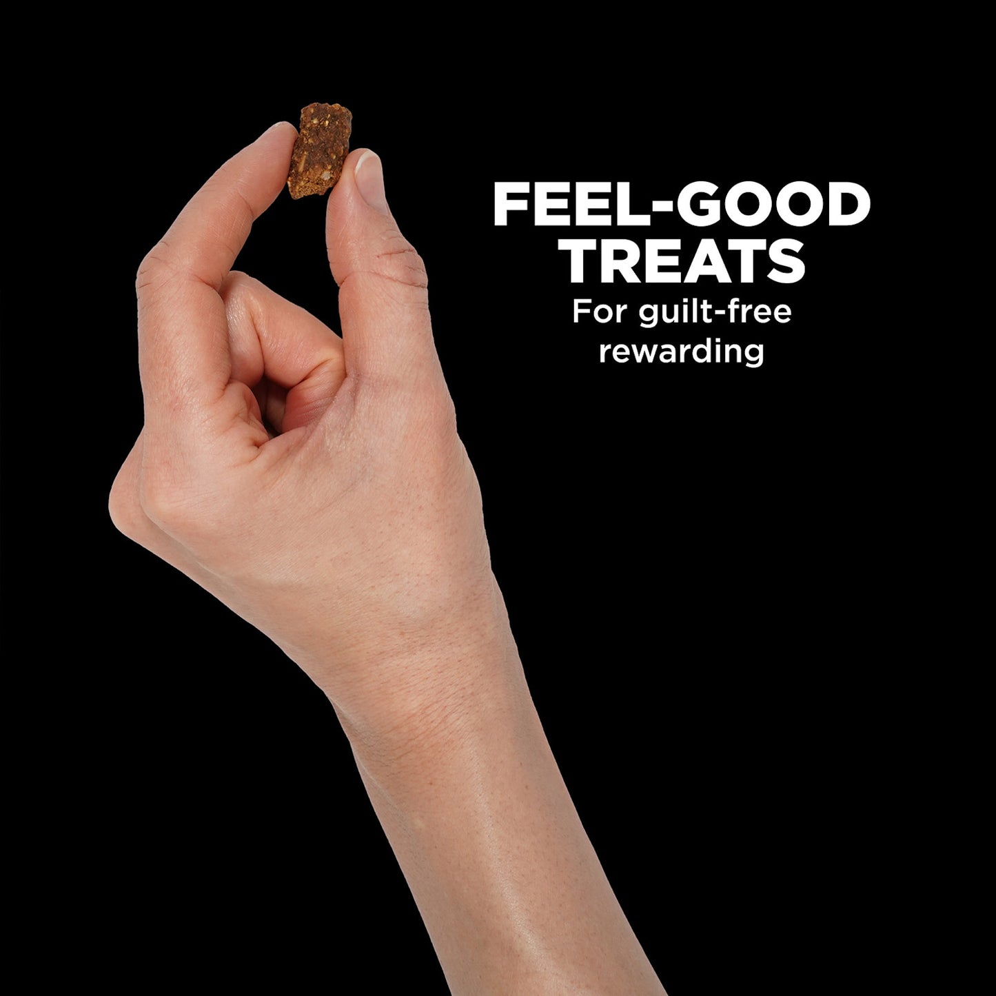 A hand holds GO! SOLUTIONS Benefit Chews Digestion + Gut Health Salmon (170g) against a black background, with "FEEL-GOOD TREATS For guilt-free rewarding" beside it, highlighting Go! Solutions probiotic chews for dog digestion and gut health.