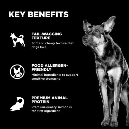 Black and white image of a dog beside GO! SOLUTIONS Benefit Chews Sensitivities Salmon (170g), highlighting tail-wagging texture, food allergen-friendly formula, and premium animal protein from Go! Solutions.