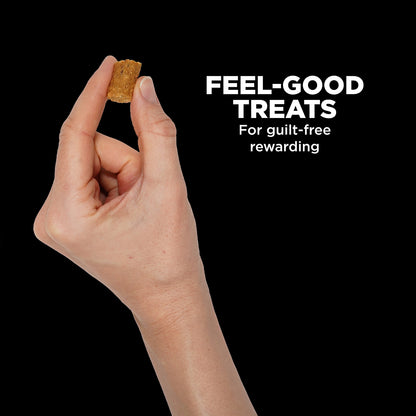 A hand holds a small GO! SOLUTIONS Benefit Chews Sensitivities Salmon (170g) dog treat against a black background with the text "FEEL-GOOD TREATS For guilt-free rewarding" and the Go! Solutions brand logo displayed.
