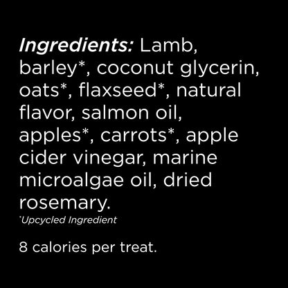 GO! SOLUTIONS Benefit Chews SKIN + COAT Lamb dog treats by Go! Solutions contain lamb, barley, oats, flaxseed, carrot, apple and more; each treat has 8 calories.